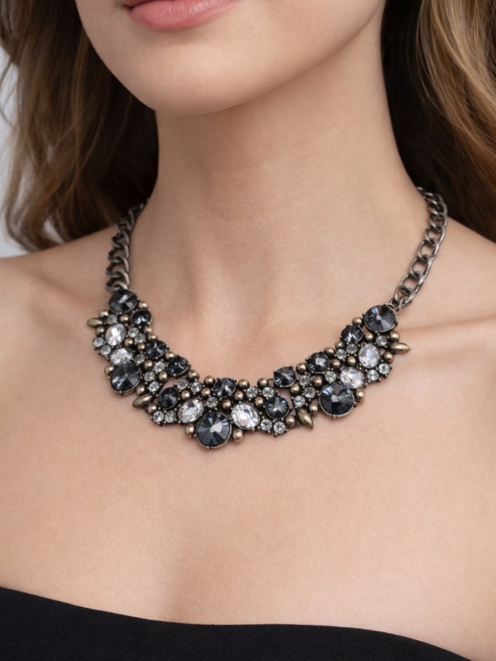 Chunky Statement Necklace Black and White Rhinestones Antique Goldtone 18”